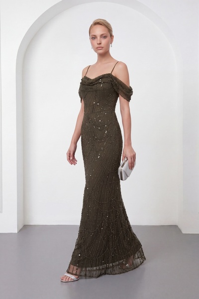 Lafaba Women's Khaki Thin Straps Beaded Long Promise Engagement Evening Dress