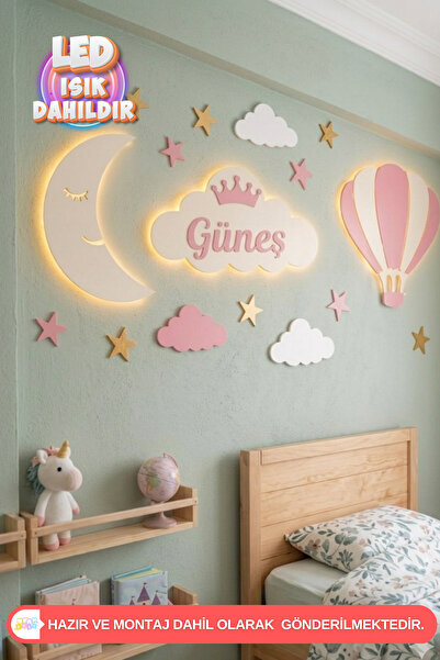 UmayBabyDekor 3Lü Set bulut ay balon Led Işık Gece Lambası Bebek Çocuk Oda