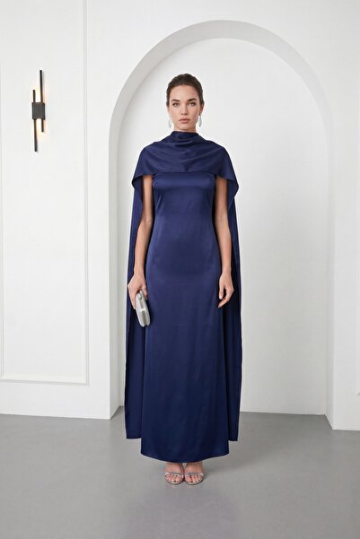 Lafaba Women's Navy Blue Belted Satin Promise Engagement Wedding Evening Dress