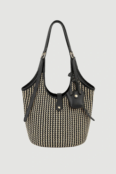 Gusto Double Color Wide Straw Bag - Black