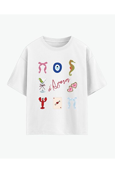 HepsitrentStore Amore Printed White Oversize T-Shirt