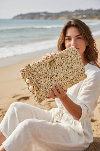 satürn hobi örgü tasarım Örgü Deri Astarlı Hasır Clutch Çanta