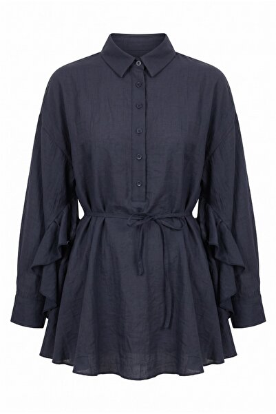 Modamorfo Buttoned Belted Bat Sleeve Flounce Oversize Modal Tunic - Dark Blue