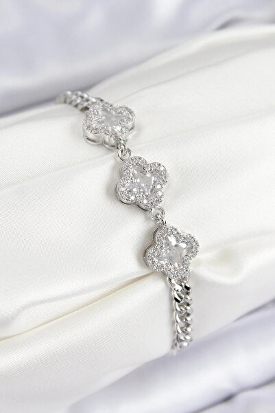 USLUCAN ALIŞVERİŞ Brass Zircon Stone Clover Model Silver Color Women's Bracelet