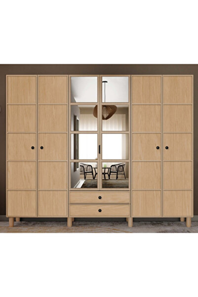 miracool Meşe 6 Kapaklı Gardrop / 6 Kapılı Dolap / Komple MDF / Modern Tasarım