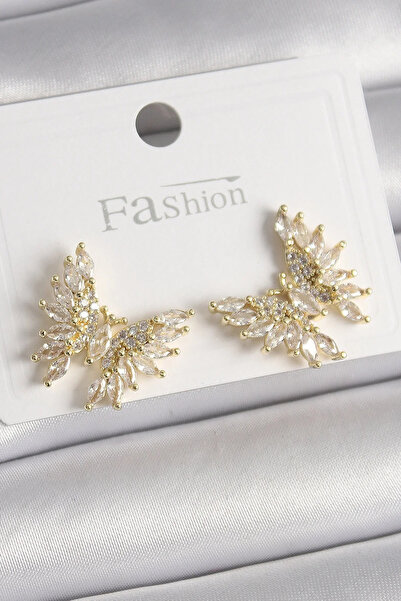 USLUCAN ALIŞVERİŞ Brass Gold Color Zircon Stone Butterfly Model Women's Earrings