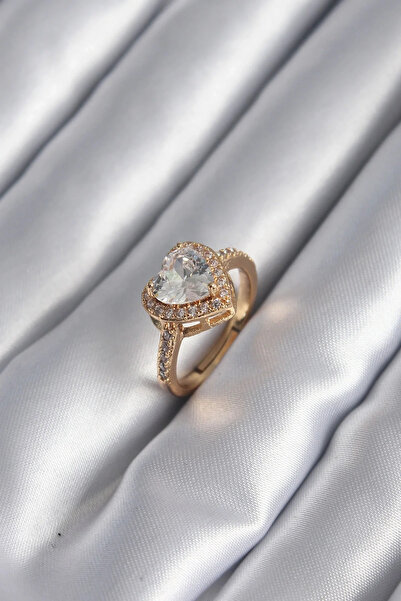 USLUCAN ALIŞVERİŞ Brass Gold Color Zircon Stone Heart Charm Model Women's Ring