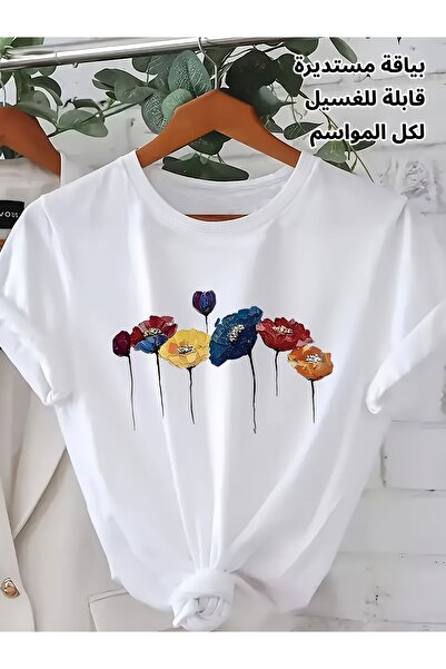 121 قميص نسائي بمقاس كبير بطبعة زهور وأكمام قصيرة - تصميم زهرة اللوتس الزاهية...