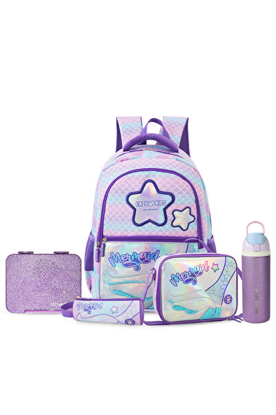 Eazy Kids 16” School Bag Set of 3 w/ Stainless Steel Glitter Water Bottle & C...