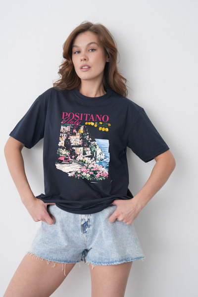 TREND EMMODA Γυναικείο μπλουζάκι με στρογγυλή λαιμόκοψη, μπλε ναυτικό, με στά...