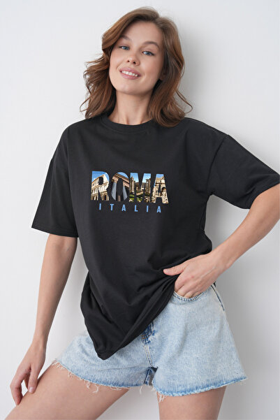 TREND EMMODA Tricou casual negru, cu gât rotund, cu imprimeu Scenic Colosseum...
