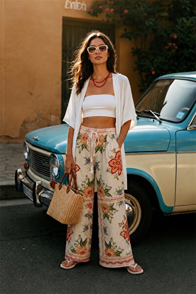 ORNALACE Solena Floral Desenli Bol Paça Pantolon Krem