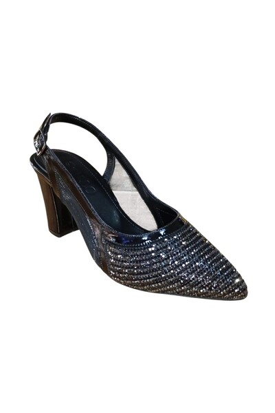 Stillo 750 Women's Stoned Mesh Open Back Thick 7 cm Heeled Evening Dress Shoes