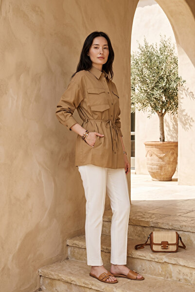 Lale Butik Kadriye Baştürk Oversized Shirt with Pocket and Belt 223 Camel