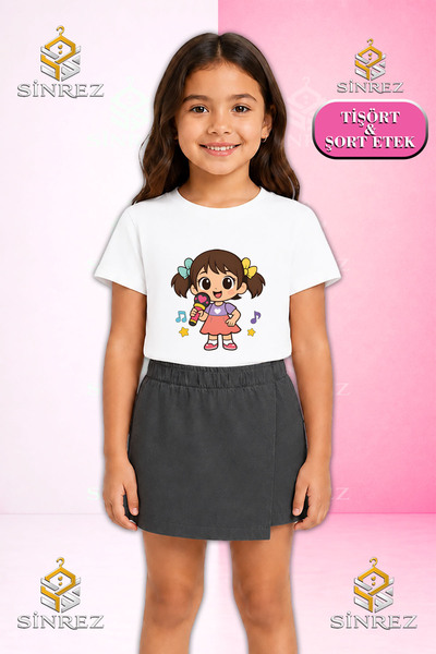 SİNREZ Girl's Set: Printed Short Sleeve T-Shirt with Microphone, Shorts, Skirt