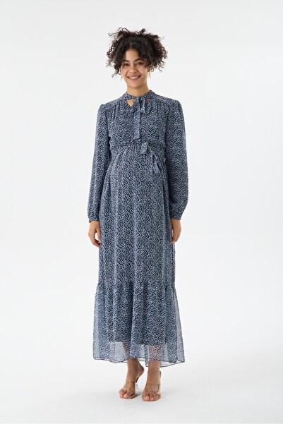 Işşıl M0015-Rochie maxi de maternitate cu model floral și guler legat