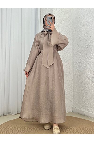 MİHRA STORE Bengül Scarf Wide Sleeve Dress-He8482 Mink