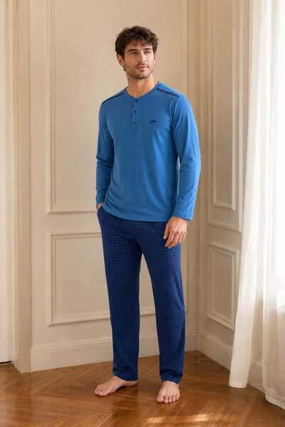 PİJAPİA Men's Long Sleeve 100% Cotton Pajama Set Blue