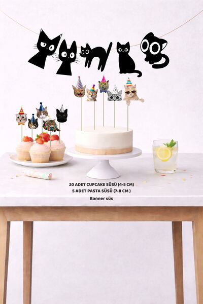Sinek Kupası Tasarım Cat Birthday Set 5 Figures Banner 5 Figures Cake Decorat...