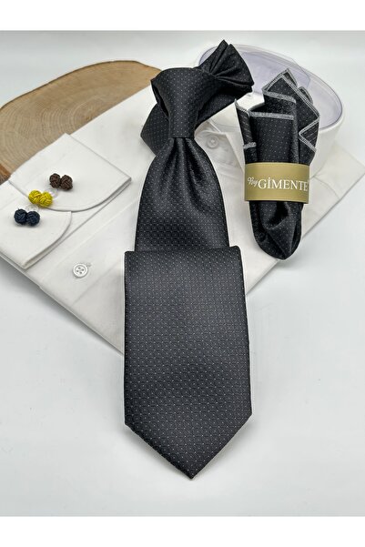 Gutiero Black Patterned Classic Tie with Handkerchief