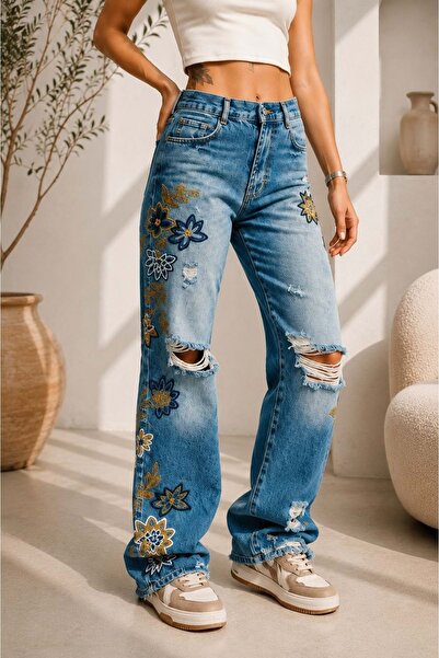ibeeka Wild Flower Denim Statement Design Jean Pants with Ripped Detail