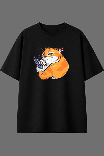 VSRN Tricou negru supradimensionat cu imprimeu frontal Mafia Cat Design