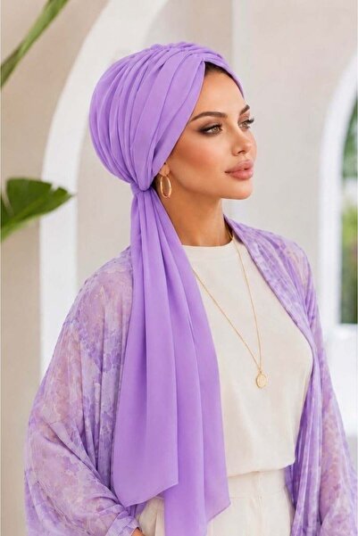 Aişe tesettür Lilac Chiffon Gathered Scarf Bonnet