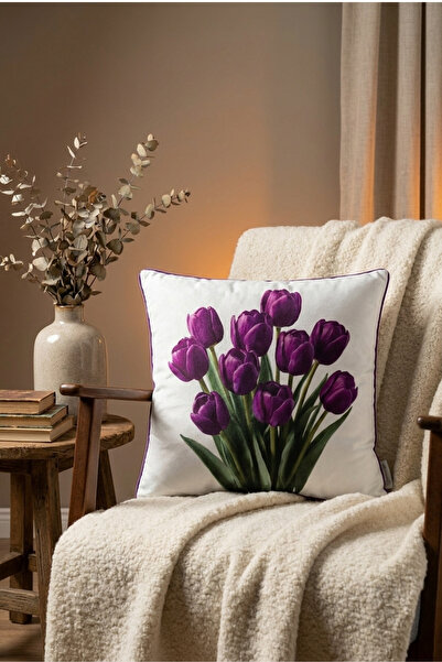 Rayda Home Dekoratif Çiçek Desenli Biyeli Mor Lale Kırlent Kılıfı Modern Ev D...