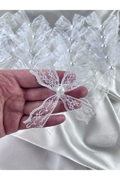25 Pieces Ready Made White Pearl Lace Bowknots - Wedding, Baby Candy and Dowry Ornament