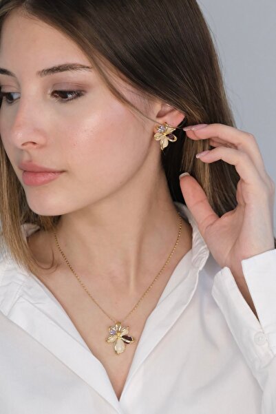 YENGEÇ Steel Natural Stone Earrings and Necklace Set