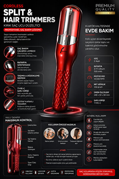 VERYFİT Kablosuz Kırık Saç Ucu Düzeltici Hair Trimmer Type-C Şarjlı Işıklı Sa...