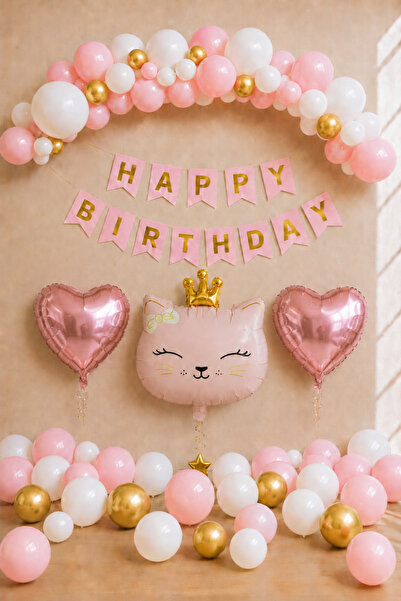 Baloncu Nene Kedi Temalı Doğum Günü Balon Seti Pembe Gold Beyaz Happy Birthda...