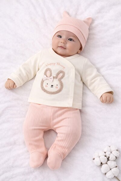 Pure Boutique Baby girl 3-piece peach pink outfit with bunny and hat