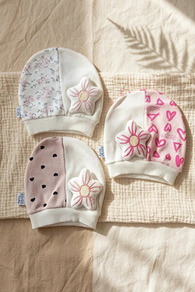 Babydonat 3'lü % 100 Pamuklu Çiçek Aplikeli Kız Bebek Bere Şapka Seti- Kalp V...
