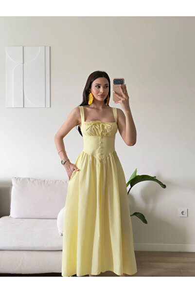 Zoom Butik Bel Korse Askılı Prenses Elbise - SARI