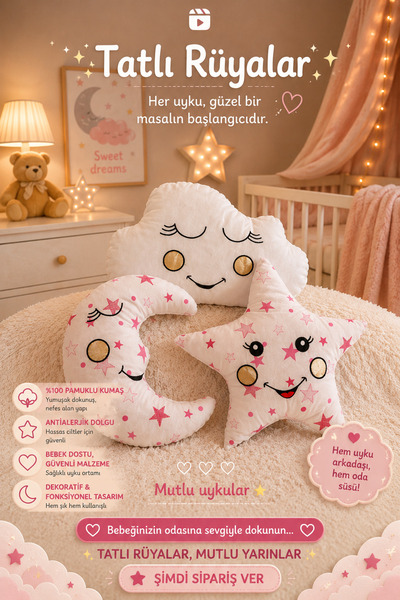 Bebek Dünyası Asya Bebe Asya Bebe ASYABEBE | AY-YILDIZ-BULUT 3'lü Bebek Yastı...