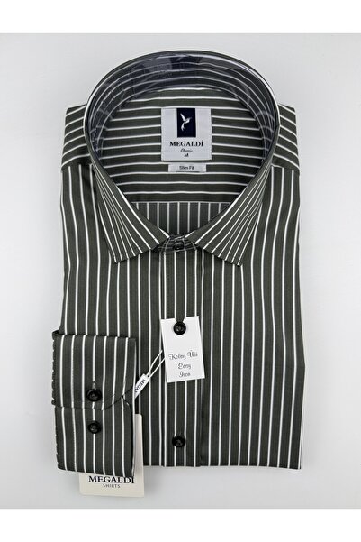 MEGALDİ Erkek Slim Fit Kesim Beyaz Siyah Çizgili Easy Iron (Kolay Ütü) Uzun K...