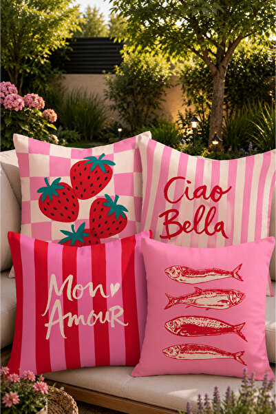stellahomes Modern Pembe Kırlent Kılıfı Seti Çilek Yazılı Çizgili Tasarım Dek...