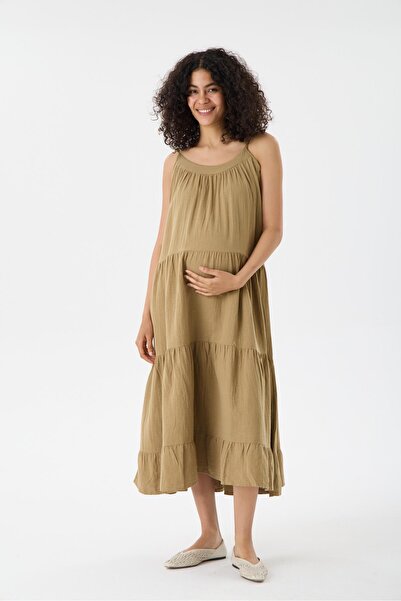 Işşıl 1077-Muslin Fabric Strap Oversize Maternity Strap Dress