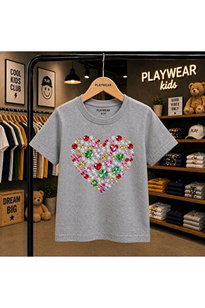 playwear Diamond Stone Heart Printed 100% Kids Unisex T-Shirt 5 6 -7 8-9 10 -...