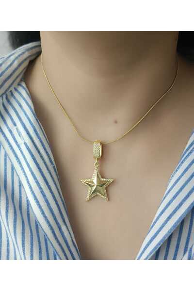 shop 316L Steel Zircon Stone Detailed Star Figured Gold Color Women's Necklac...