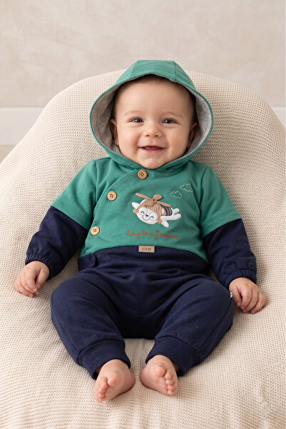 Caramell 100% Cotton Baby Boy Romper with 2 Thread Buttons and Embroidered Hood