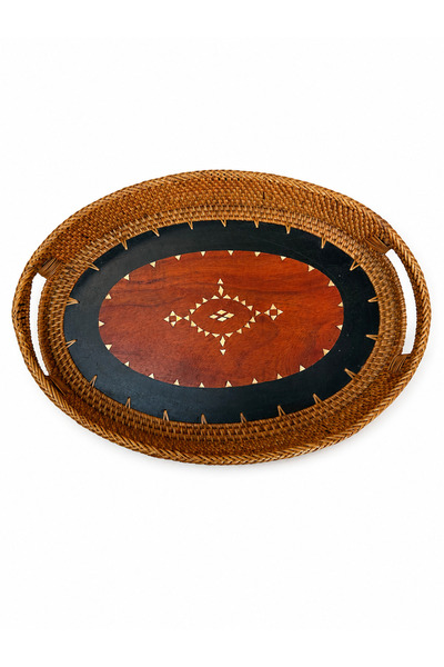 ipekbambuhome Ahşap Motifli Oval Rattan Sunum Tepsisi