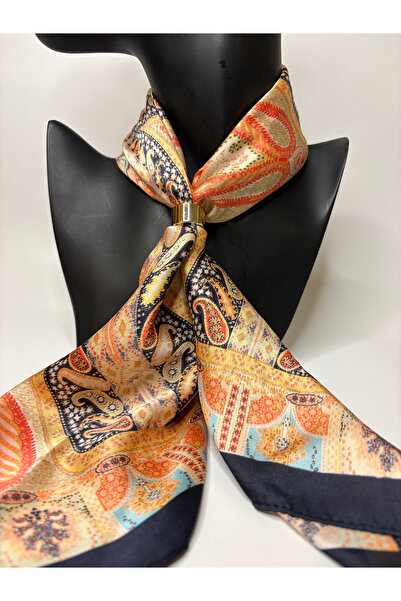 BHR AKSESUAR Ethnic Patterned Double-Sided Scarf with Gold Ring Detail (70X70...