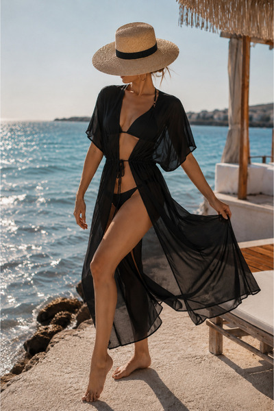 NA ADDESIGN Κιμονό παραλίας με δέσιμο στη μέση από σιφόν, μαύρο και άσπρο, με...