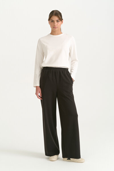 Nihan Elastic Waist Knitted Cotton Trousers - Black