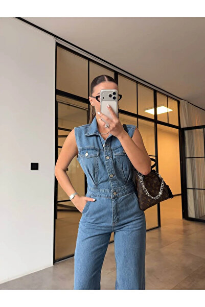 LAYAL MY BEAUTY Kadın Jeans Sıfır Kol Denim Kot Tulum Jean Yeni Sezon