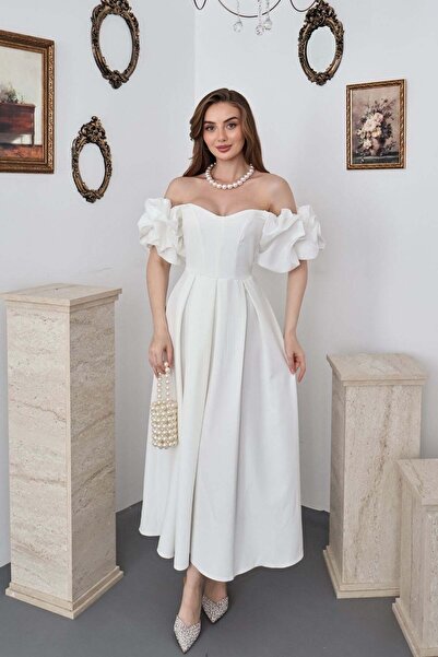 Elbee Fashion Woman Beyaz Kolları Balon Pileli Atlas Elbise
