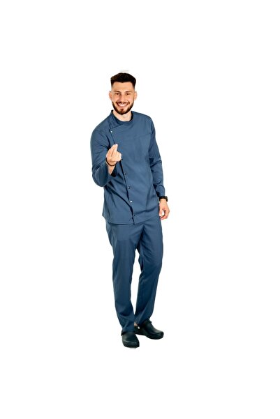 RUNI Uniforma bucatar blue jeans tip tunica cu maneca lunga, capse