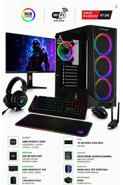 SETUPC START X4 RYZEN 5 5500 16 GB RAM 256GB SSD R7 240 24"INCH ARGB ISLEMCI ...